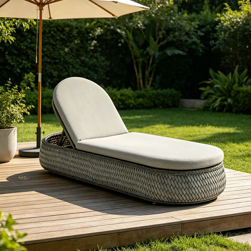 SOLARA Outdoor Woven Rattan Sun Lounger with Cushioned Seat for Patio Balcony Garden - Grey