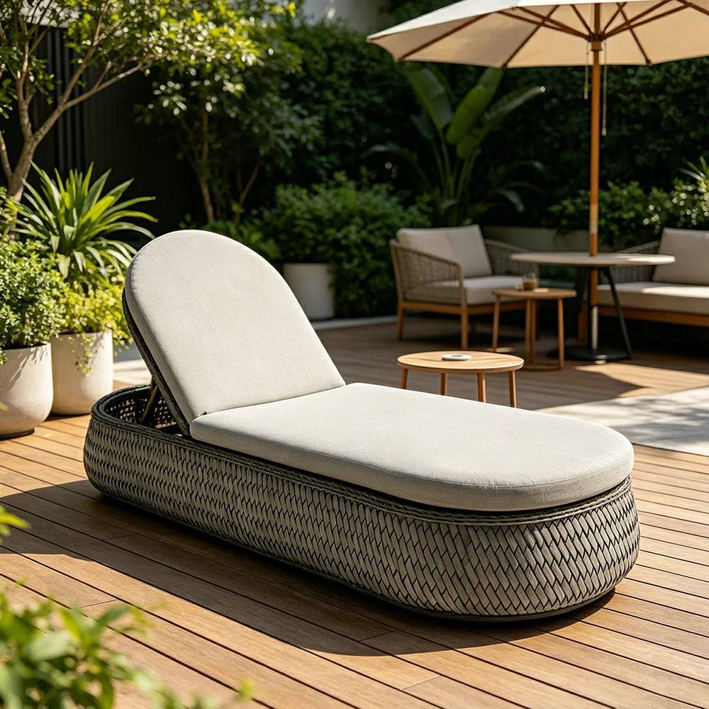 SOLARA Outdoor Woven Rattan Sun Lounger with Cushioned Seat for Patio Balcony Garden - Grey