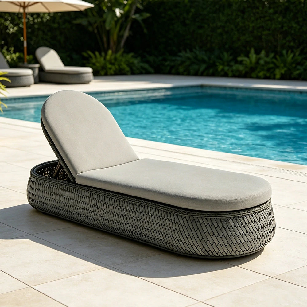 SOLARA Outdoor Woven Rattan Sun Lounger with Cushioned Seat for Patio Balcony Garden - Grey