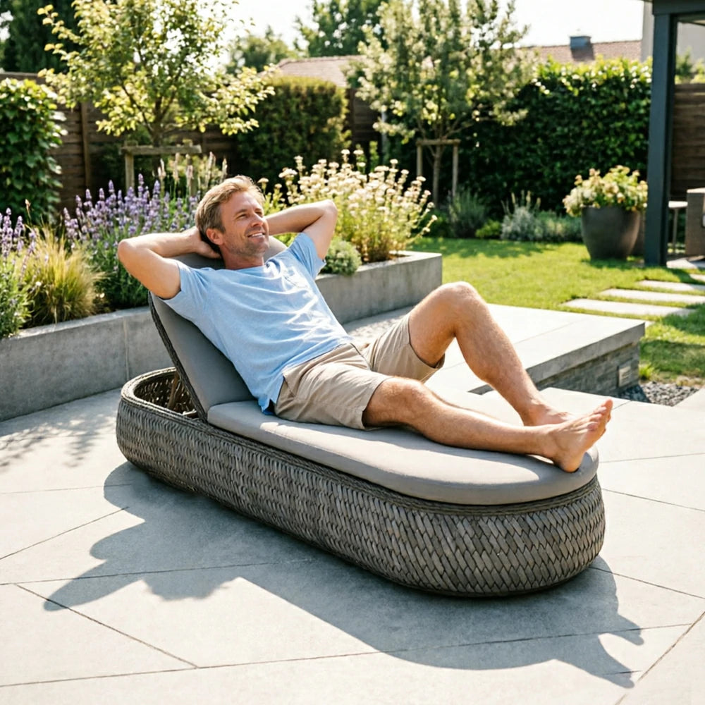SOLARA Outdoor Woven Rattan Sun Lounger with Cushioned Seat for Patio Balcony Garden - Grey
