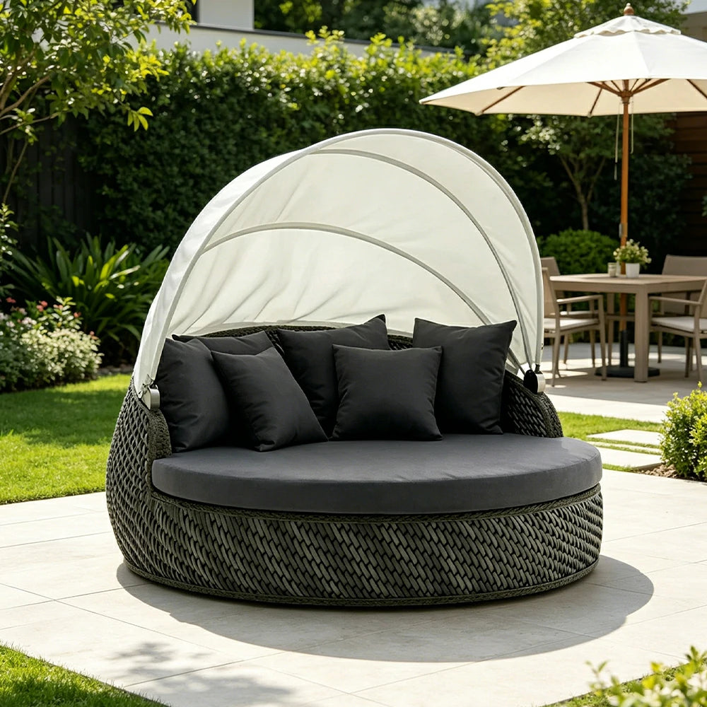 SOLARA Outdoor Round Daybed with Woven Rattan and Canopy for Patio Garden - Grey