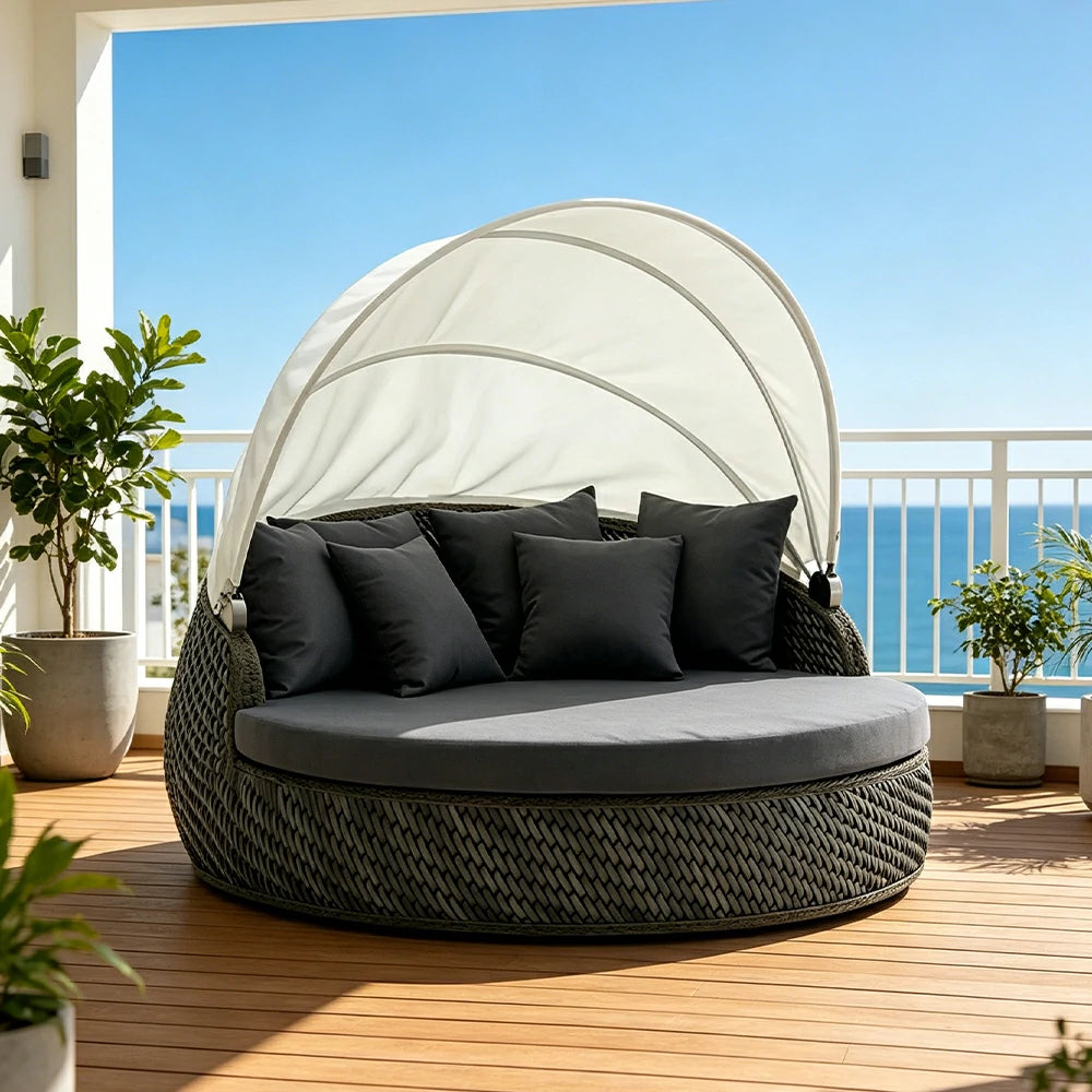 SOLARA Outdoor Round Daybed with Woven Rattan and Canopy for Patio Garden - Grey