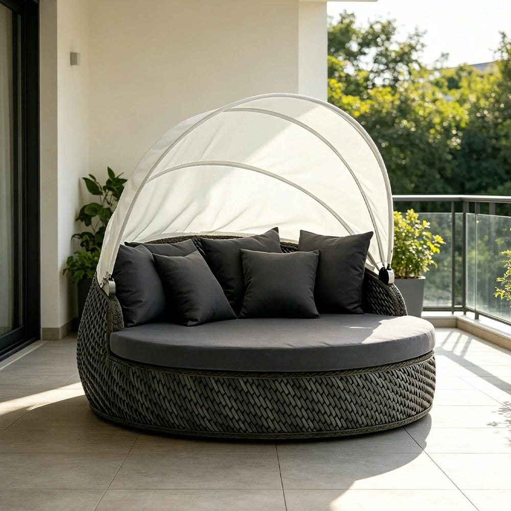 SOLARA Outdoor Round Daybed with Woven Rattan and Canopy for Patio Garden - Grey