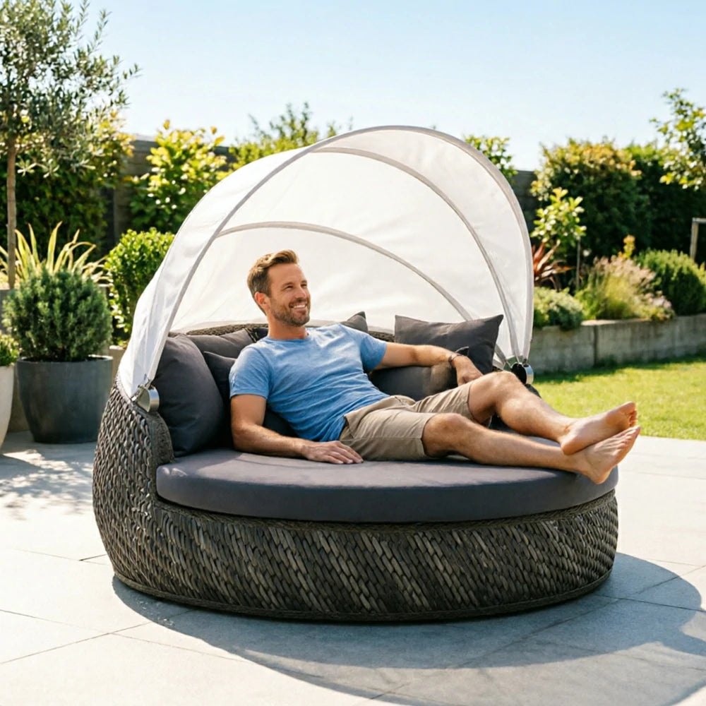 SOLARA Outdoor Round Daybed with Woven Rattan and Canopy for Patio Garden - Grey