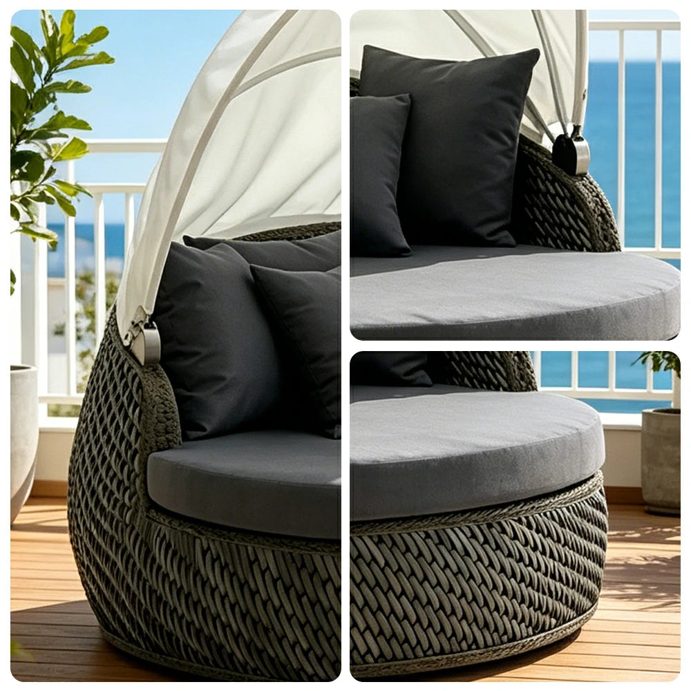 SOLARA Outdoor Round Daybed with Woven Rattan and Canopy for Patio Garden - Grey