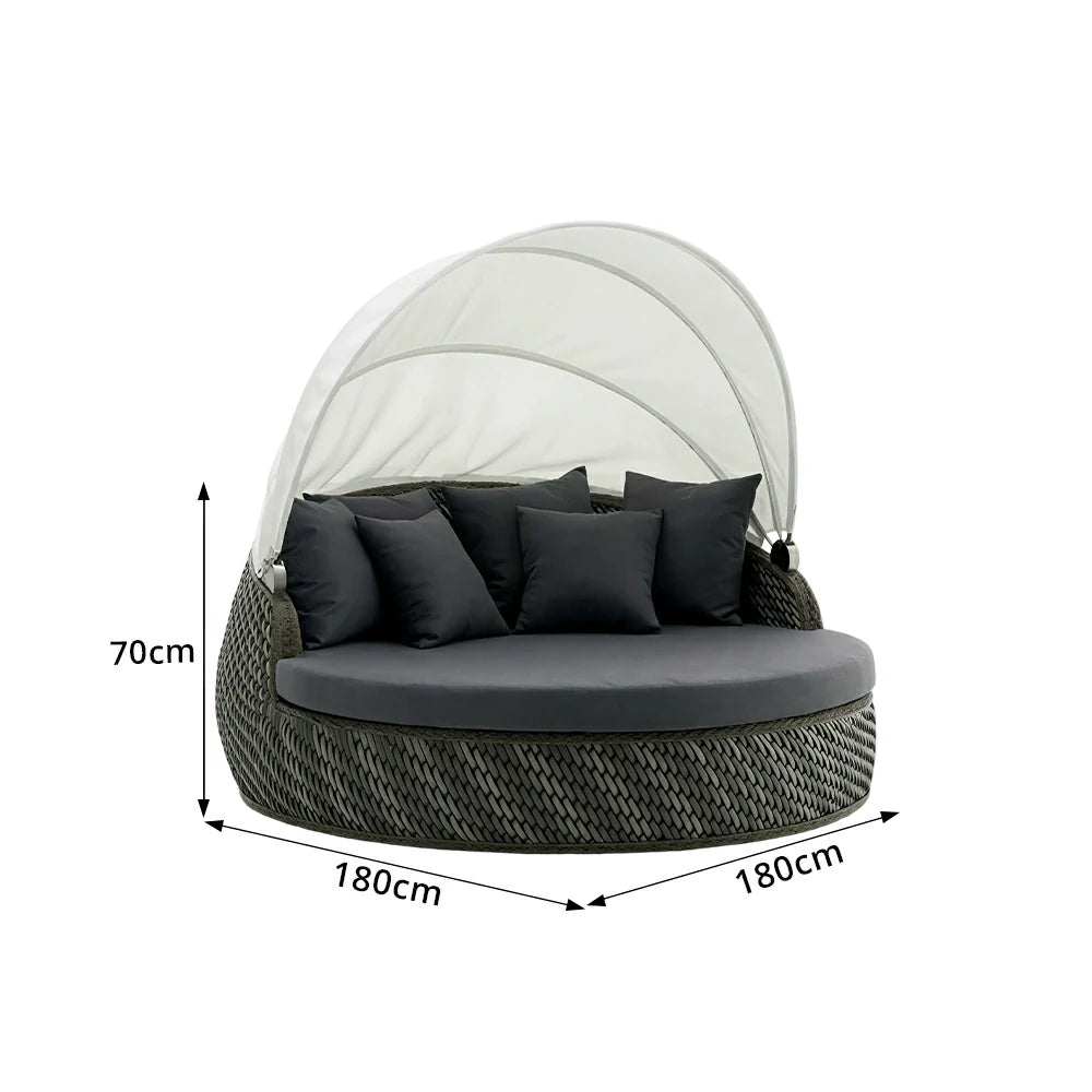 SOLARA Outdoor Round Daybed with Woven Rattan and Canopy for Patio Garden - Grey