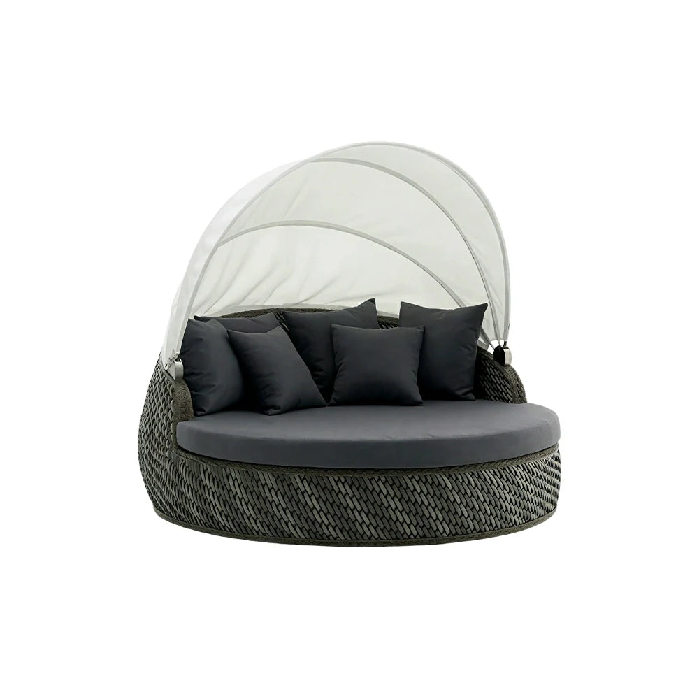 SOLARA Outdoor Round Daybed with Woven Rattan and Canopy for Patio Garden - Grey