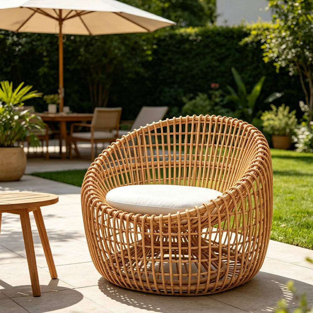 SOLARA Outdoor Round Single Sofa Chair with Imported PE Rattan for Patio Balcony Garden - Natural