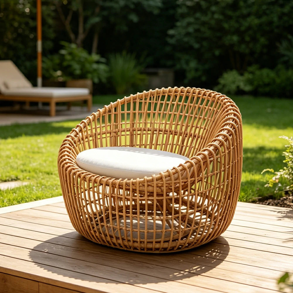 SOLARA Outdoor Round Single Sofa Chair with Imported PE Rattan for Patio Balcony Garden - Natural