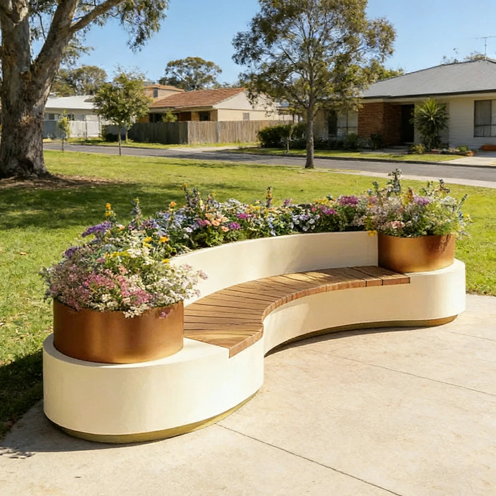 SOLARA 240/260/280cm Integrated Planter Bench Thick Metal Frame with Curved Design for Commercial Street Park Cafe