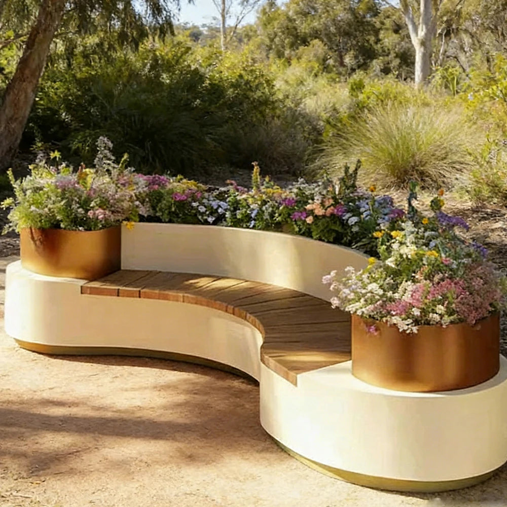 SOLARA 240/260/280cm Integrated Planter Bench Thick Metal Frame with Curved Design for Commercial Street Park Cafe
