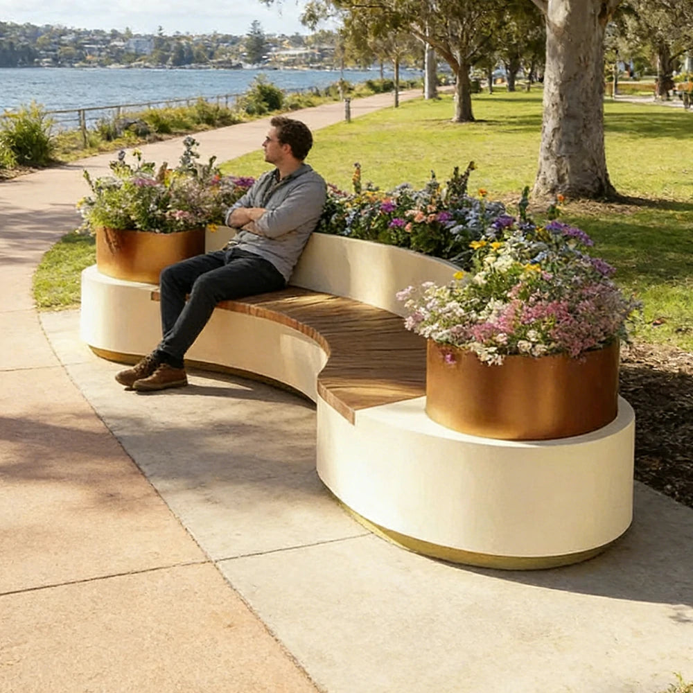 SOLARA 240/260/280cm Integrated Planter Bench Thick Metal Frame with Curved Design for Commercial Street Park Cafe