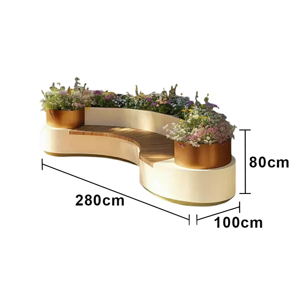 SOLARA 240/260/280cm Integrated Planter Bench Thick Metal Frame with Curved Design for Commercial Street Park Cafe
