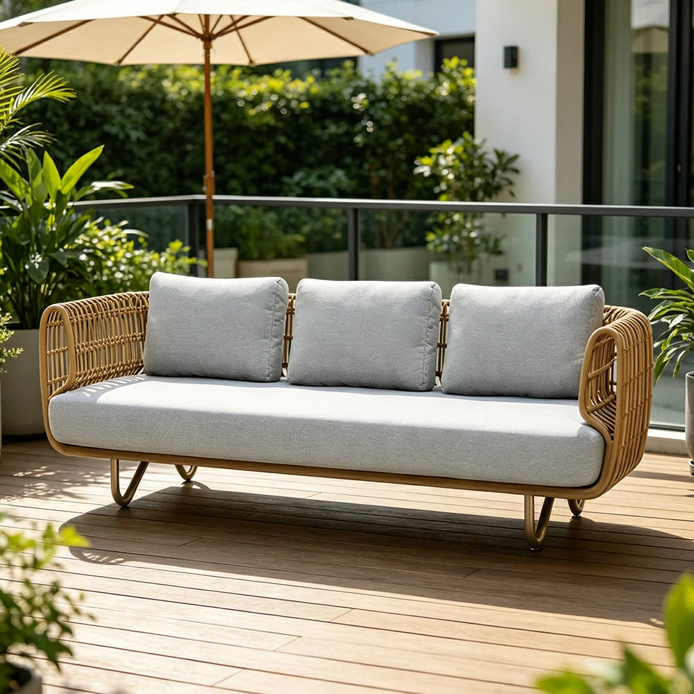 SOLARA Outdoor 3-Seater Sofa with Imported PE Rattan for Patio Balcony Garden - Natural