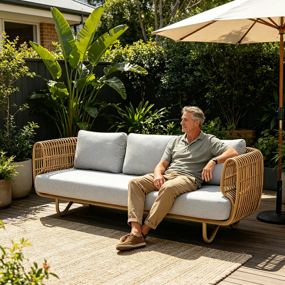 SOLARA Outdoor 3-Seater Sofa with Imported PE Rattan for Patio Balcony Garden - Natural