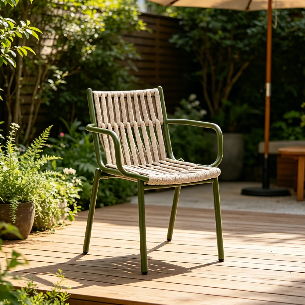 SOLARA Outdoor Rope Dining Chair - Handwoven Seat, Aluminium Frame for Patio Garden - Green