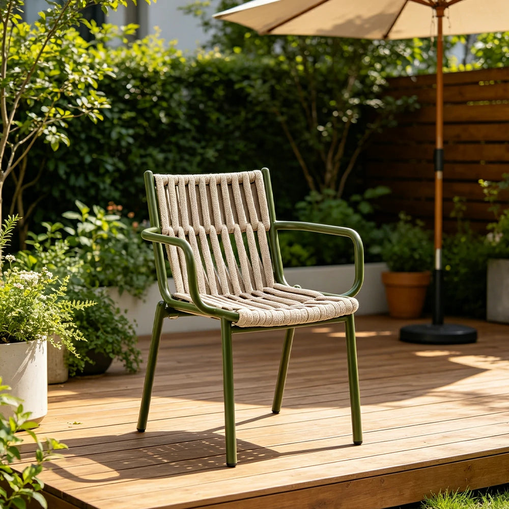 SOLARA Outdoor Rope Dining Chair - Handwoven Seat, Aluminium Frame for Patio Garden - Green