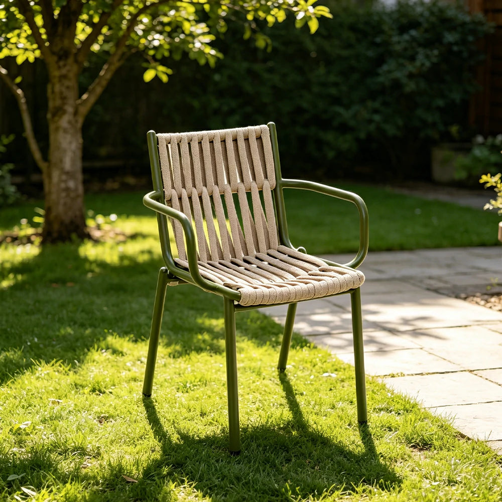 SOLARA Outdoor Rope Dining Chair - Handwoven Seat, Aluminium Frame for Patio Garden - Green