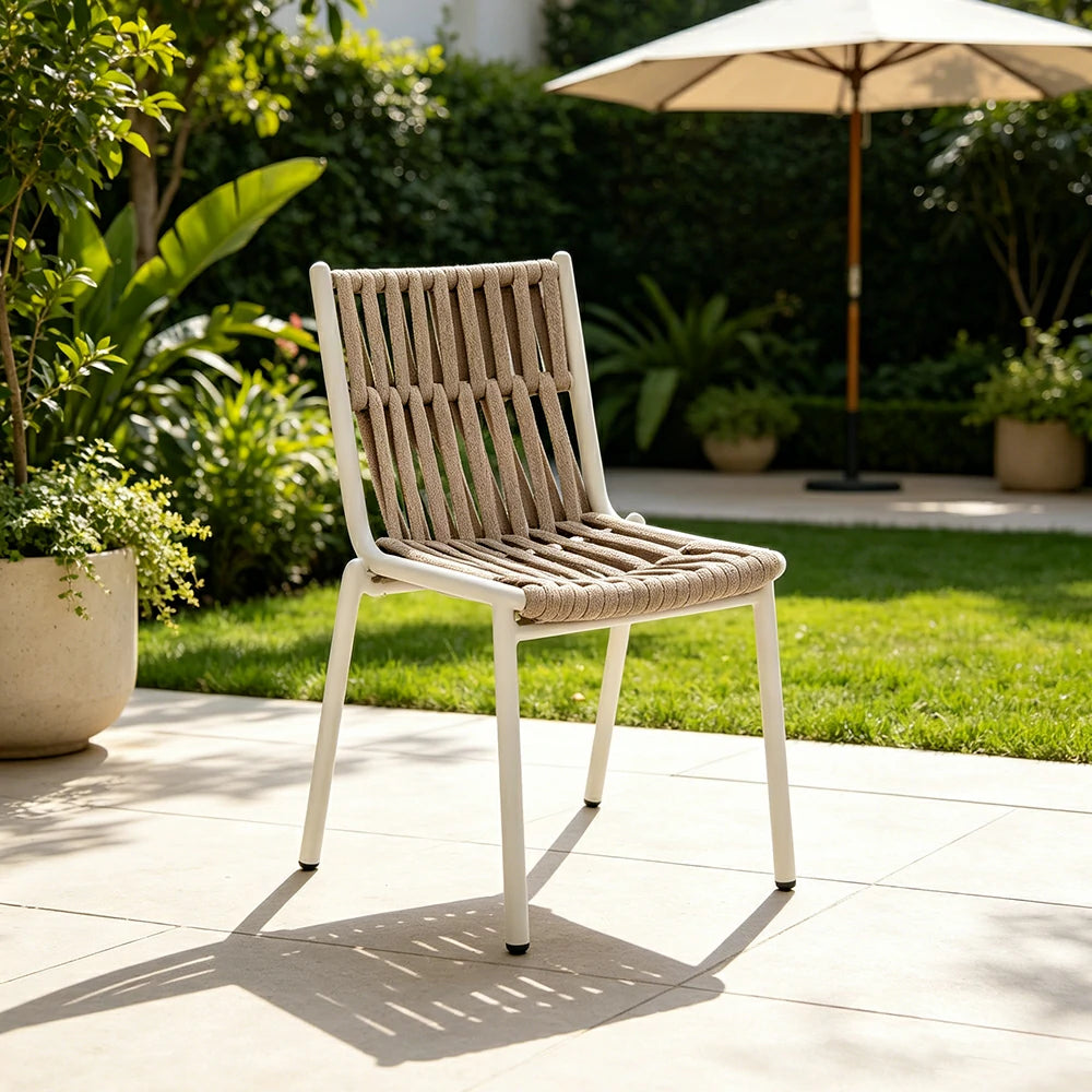 SOLARA Outdoor Armless Rope Dining Chair - Handwoven Seat, Aluminium Frame for Patio Garden - White