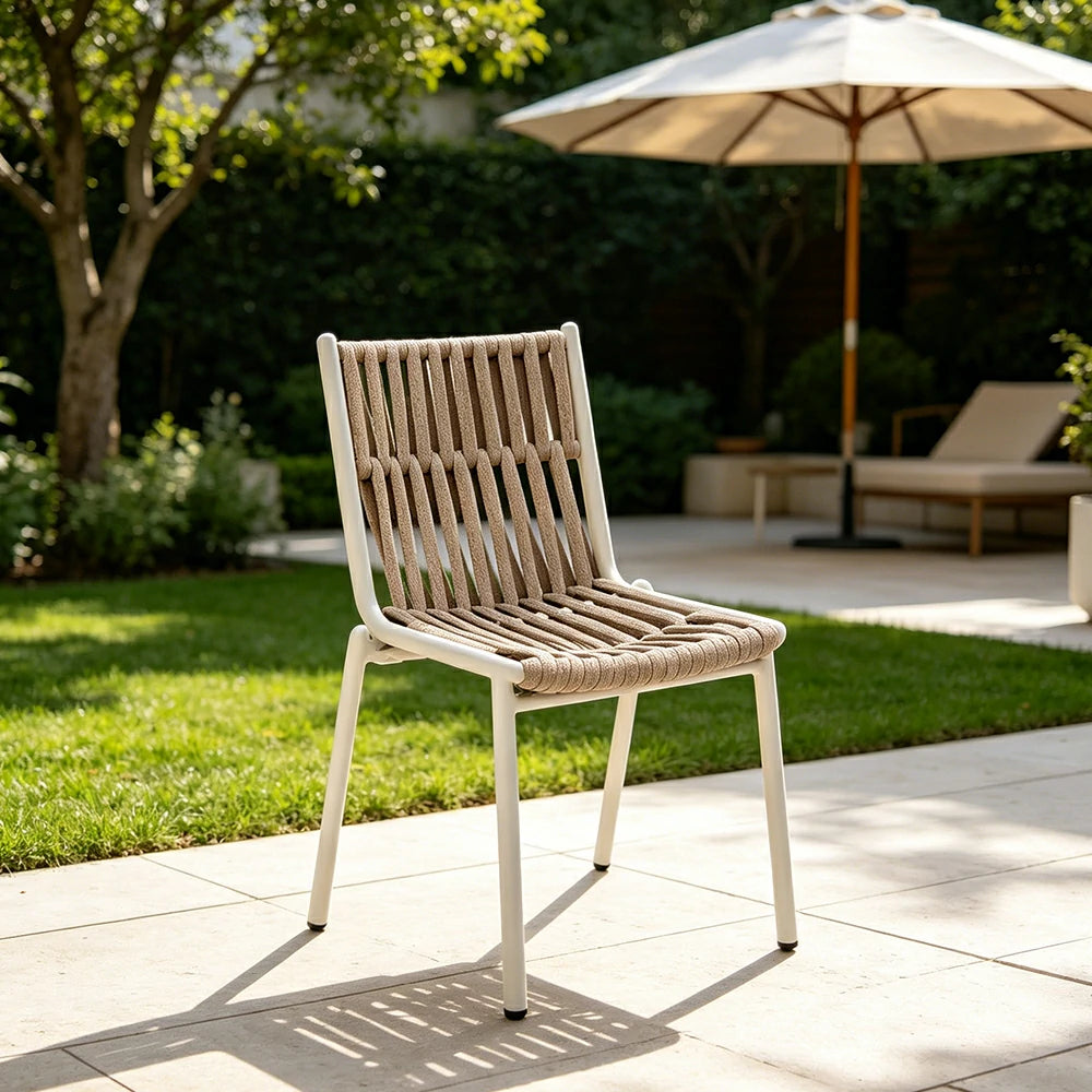 SOLARA Outdoor Armless Rope Dining Chair - Handwoven Seat, Aluminium Frame for Patio Garden - White