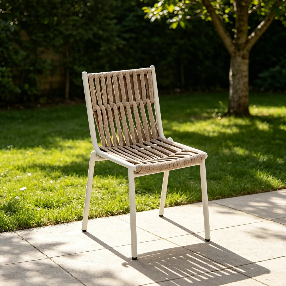 SOLARA Outdoor Armless Rope Dining Chair - Handwoven Seat, Aluminium Frame for Patio Garden - White