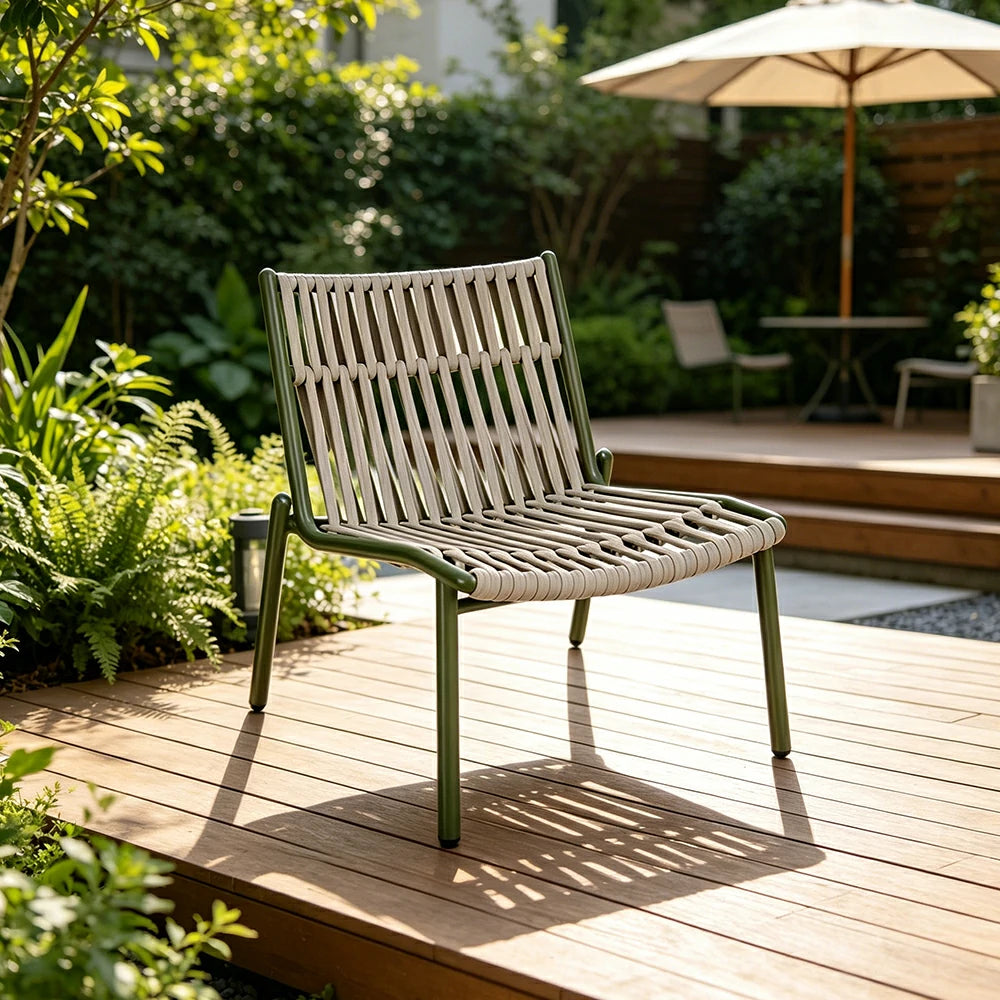SOLARA Outdoor Low Back Armless Rope Chair - Handwoven Seat, Aluminium Frame for Patio Garden - Green