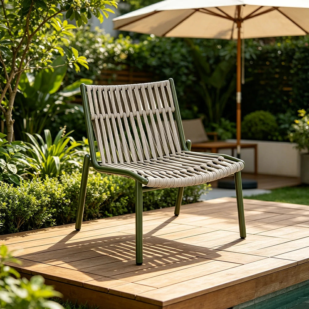 SOLARA Outdoor Low Back Armless Rope Chair - Handwoven Seat, Aluminium Frame for Patio Garden - Green