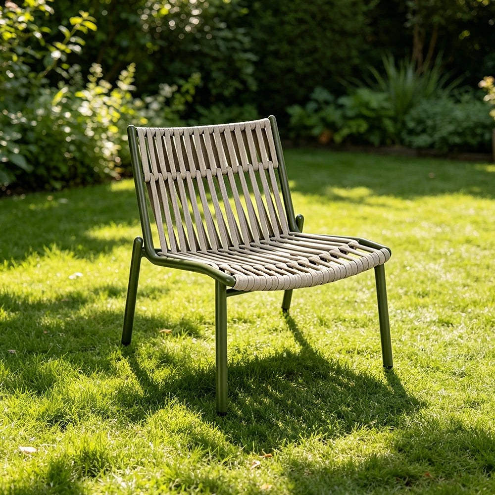 SOLARA Outdoor Low Back Armless Rope Chair - Handwoven Seat, Aluminium Frame for Patio Garden - Green