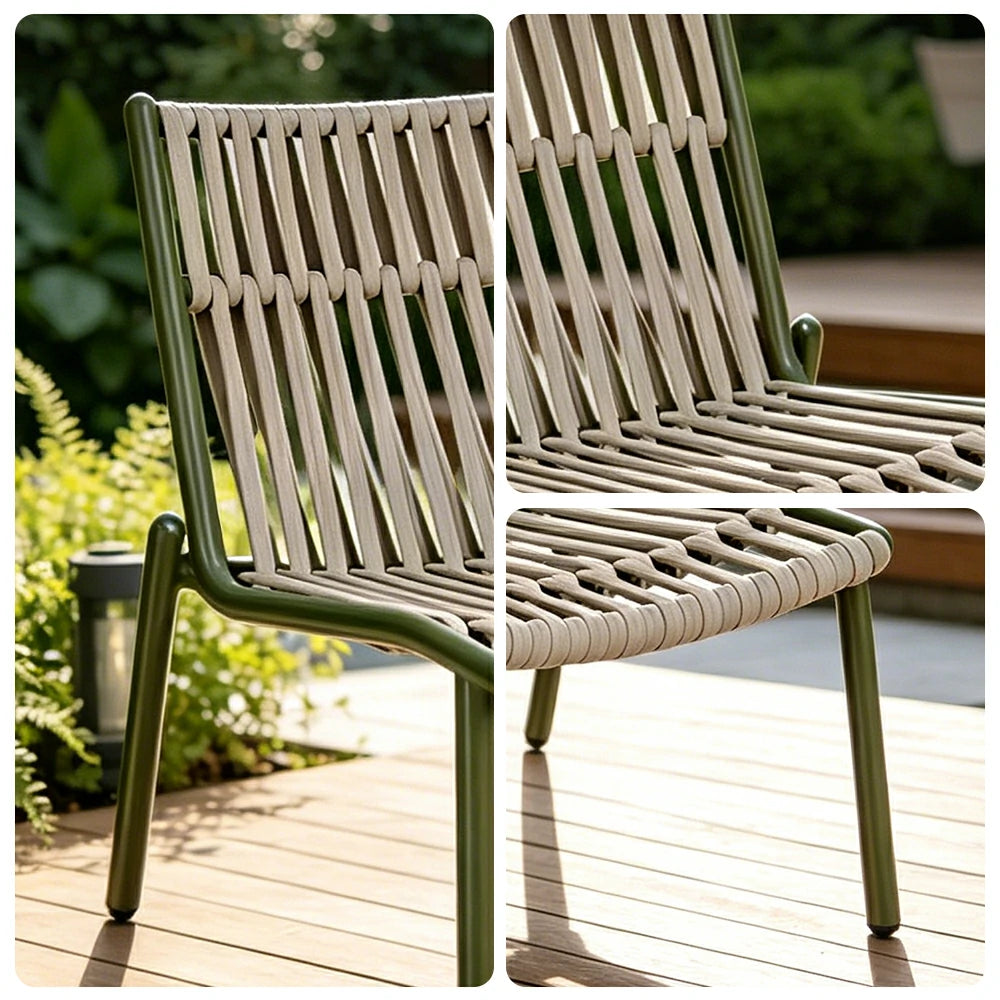 SOLARA Outdoor Low Back Armless Rope Chair - Handwoven Seat, Aluminium Frame for Patio Garden - Green