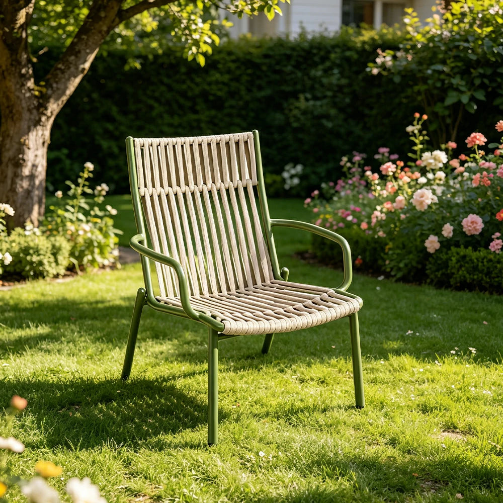 SOLARA Outdoor High Back Rope Lounge Chair - Handwoven Seat, Armrests, Aluminium Frame for Patio Garden - Green