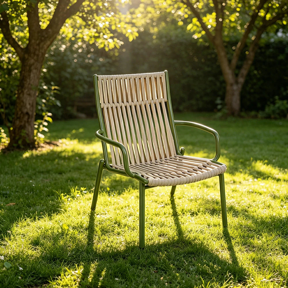 SOLARA Outdoor High Back Rope Lounge Chair - Handwoven Seat, Armrests, Aluminium Frame for Patio Garden - Green