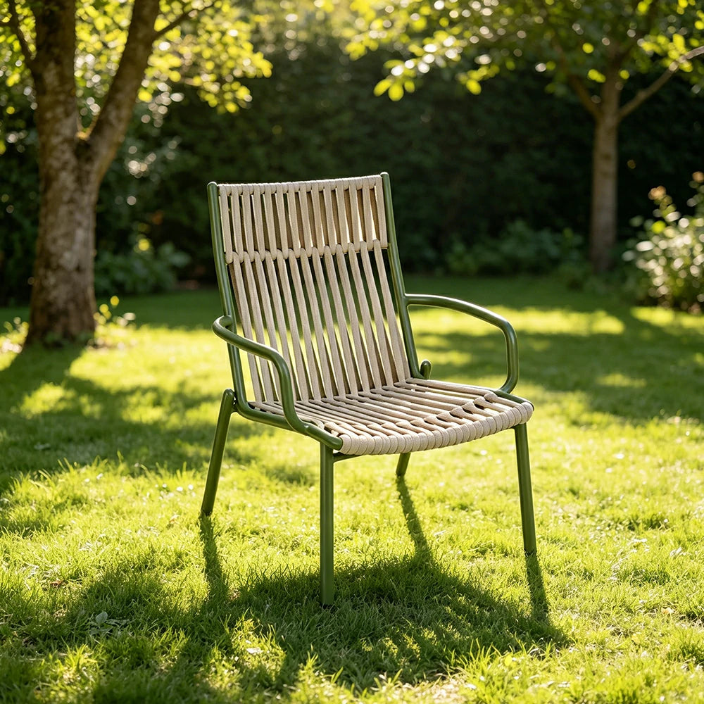 SOLARA Outdoor High Back Rope Lounge Chair - Handwoven Seat, Armrests, Aluminium Frame for Patio Garden - Green
