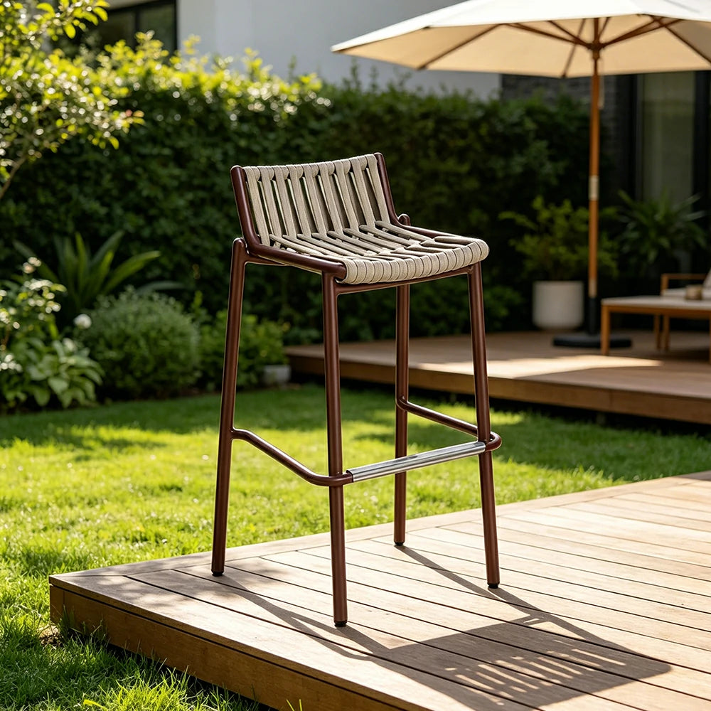 SOLARA Outdoor Rope Bar Chair - Handwoven Seat, Aluminium Frame with Footrest for Patio Garden - Brown