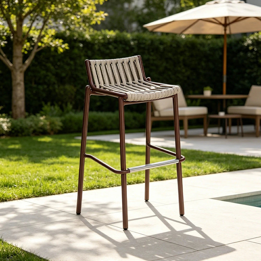 SOLARA Outdoor Rope Bar Chair - Handwoven Seat, Aluminium Frame with Footrest for Patio Garden - Brown