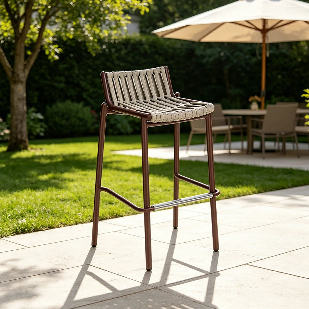 SOLARA Outdoor Rope Bar Chair - Handwoven Seat, Aluminium Frame with Footrest for Patio Garden - Brown
