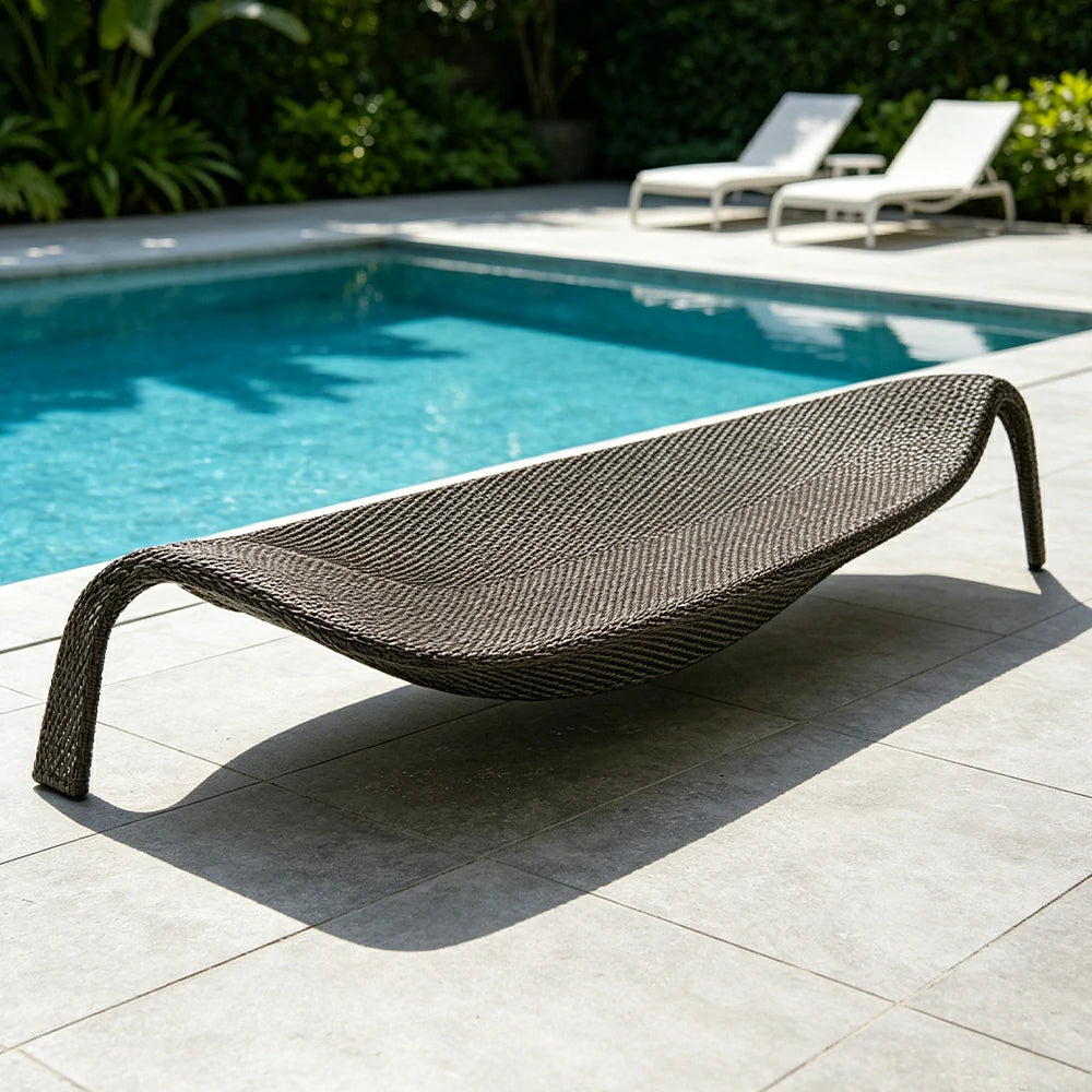 SOLARA Outdoor Rattan Sun Lounger - Leaf Shape, PE Wicker with Iron Frame for Poolside Patio - Brown