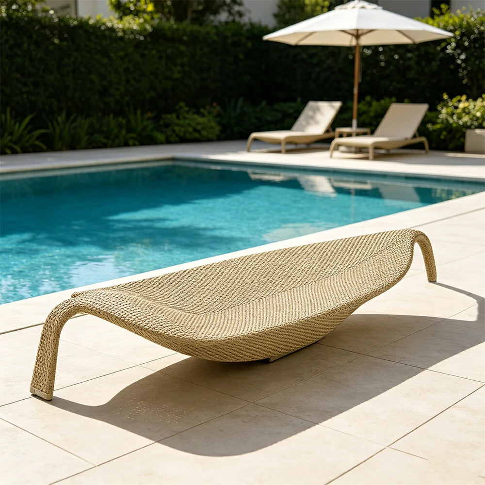 SOLARA Outdoor Rattan Sun Lounger - Leaf Shape, PE Wicker with Iron Frame for Poolside Patio - Khaki