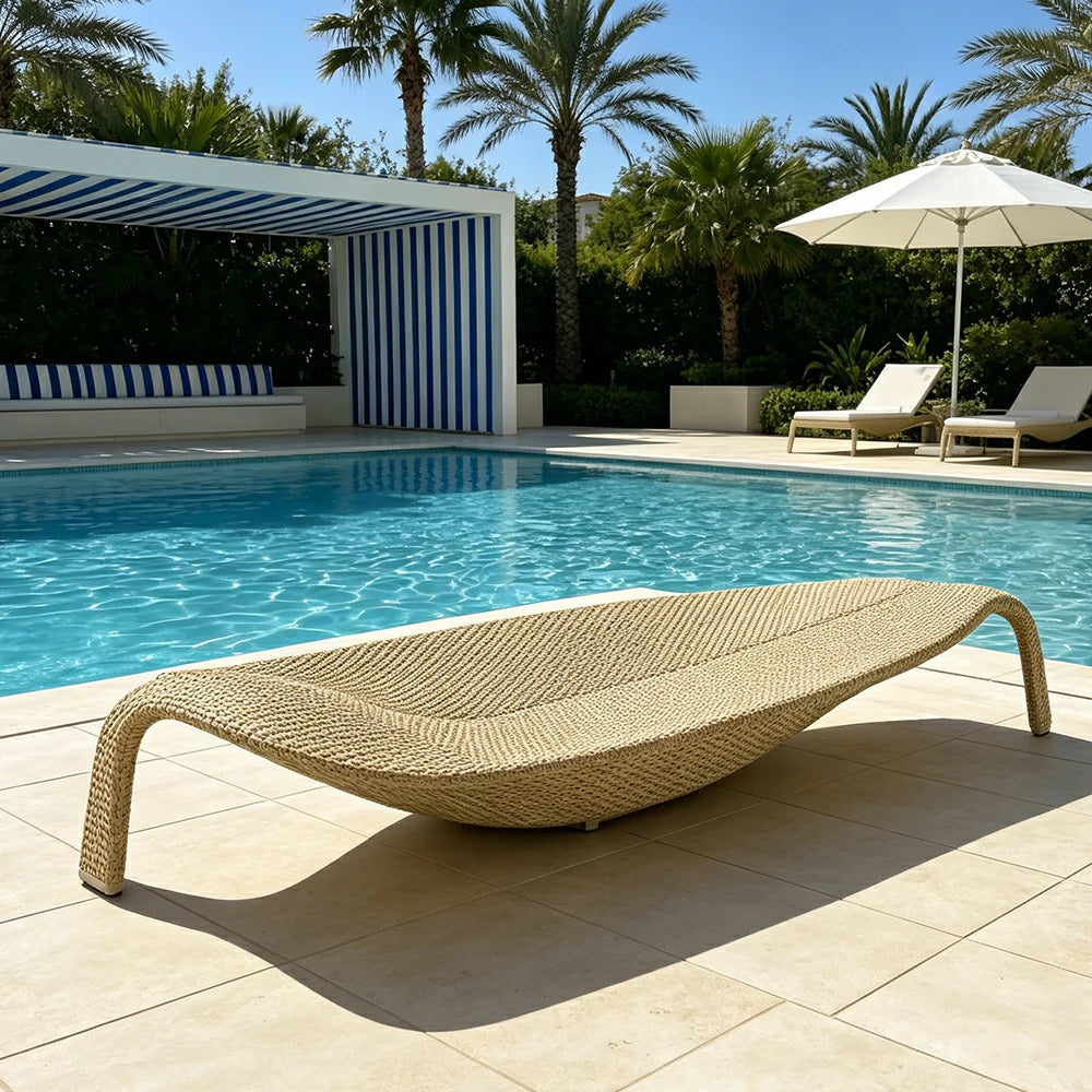 SOLARA Outdoor Rattan Sun Lounger - Leaf Shape, PE Wicker with Iron Frame for Poolside Patio - Khaki