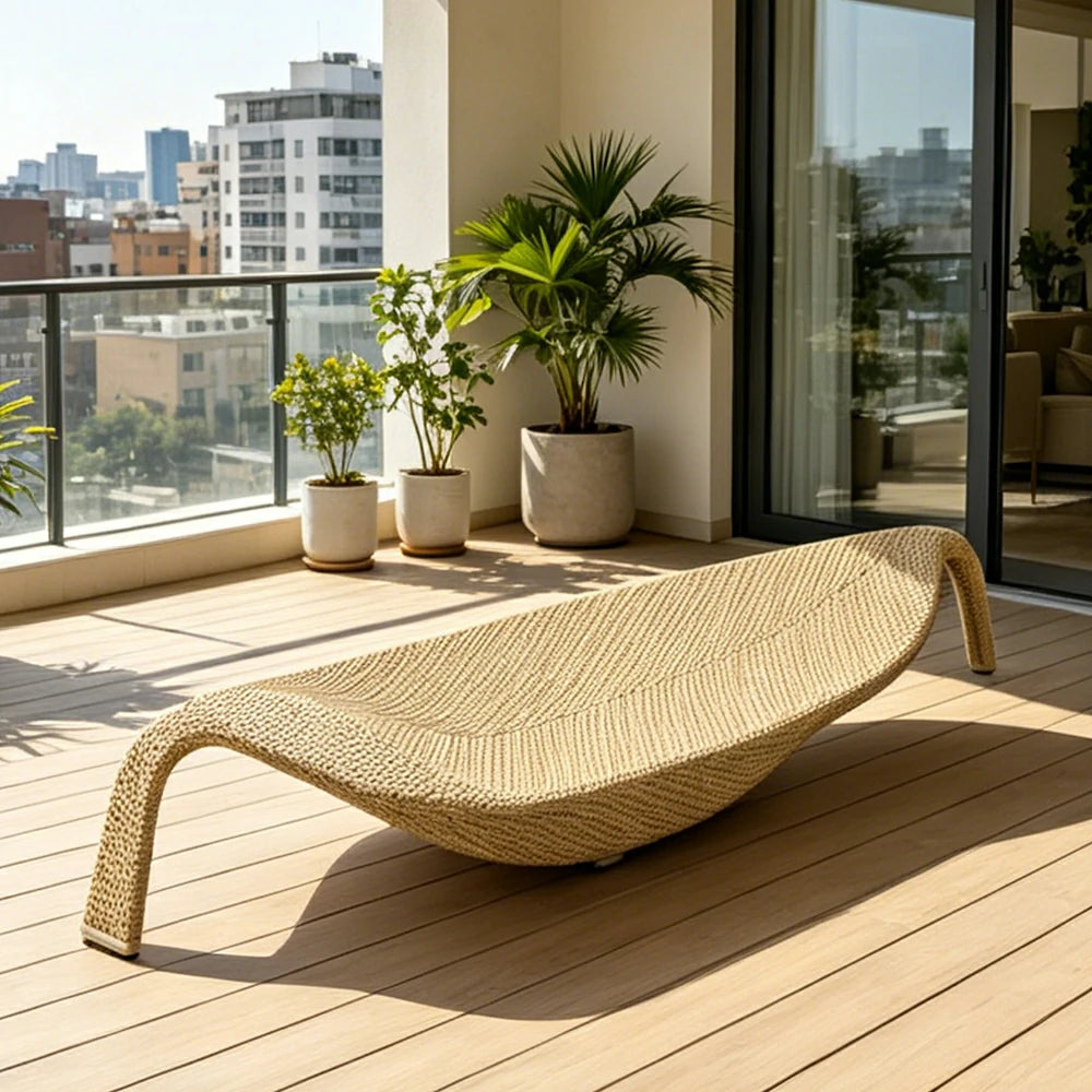 SOLARA Outdoor Rattan Sun Lounger - Leaf Shape, PE Wicker with Iron Frame for Poolside Patio - Khaki