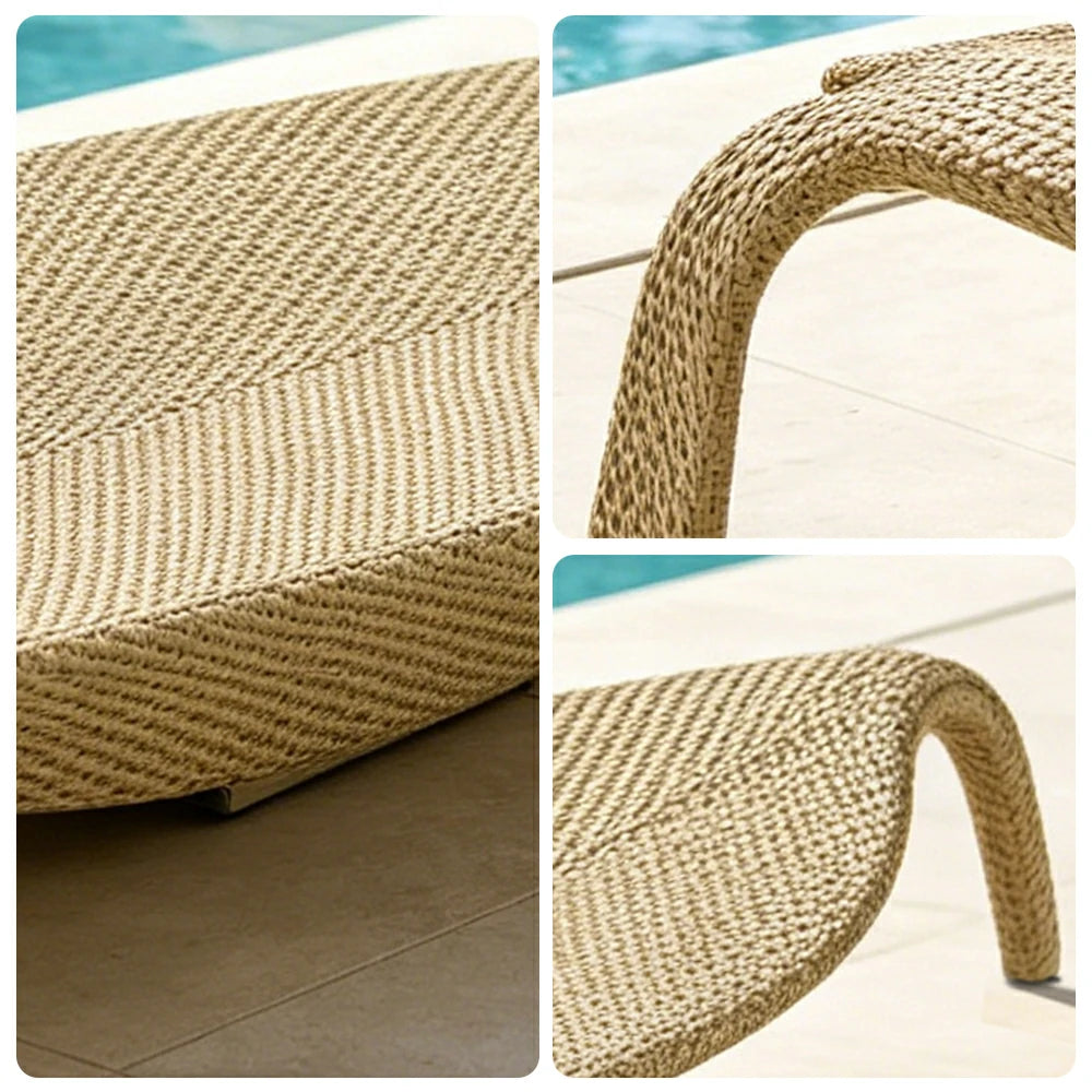 SOLARA Outdoor Rattan Sun Lounger - Leaf Shape, PE Wicker with Iron Frame for Poolside Patio - Khaki