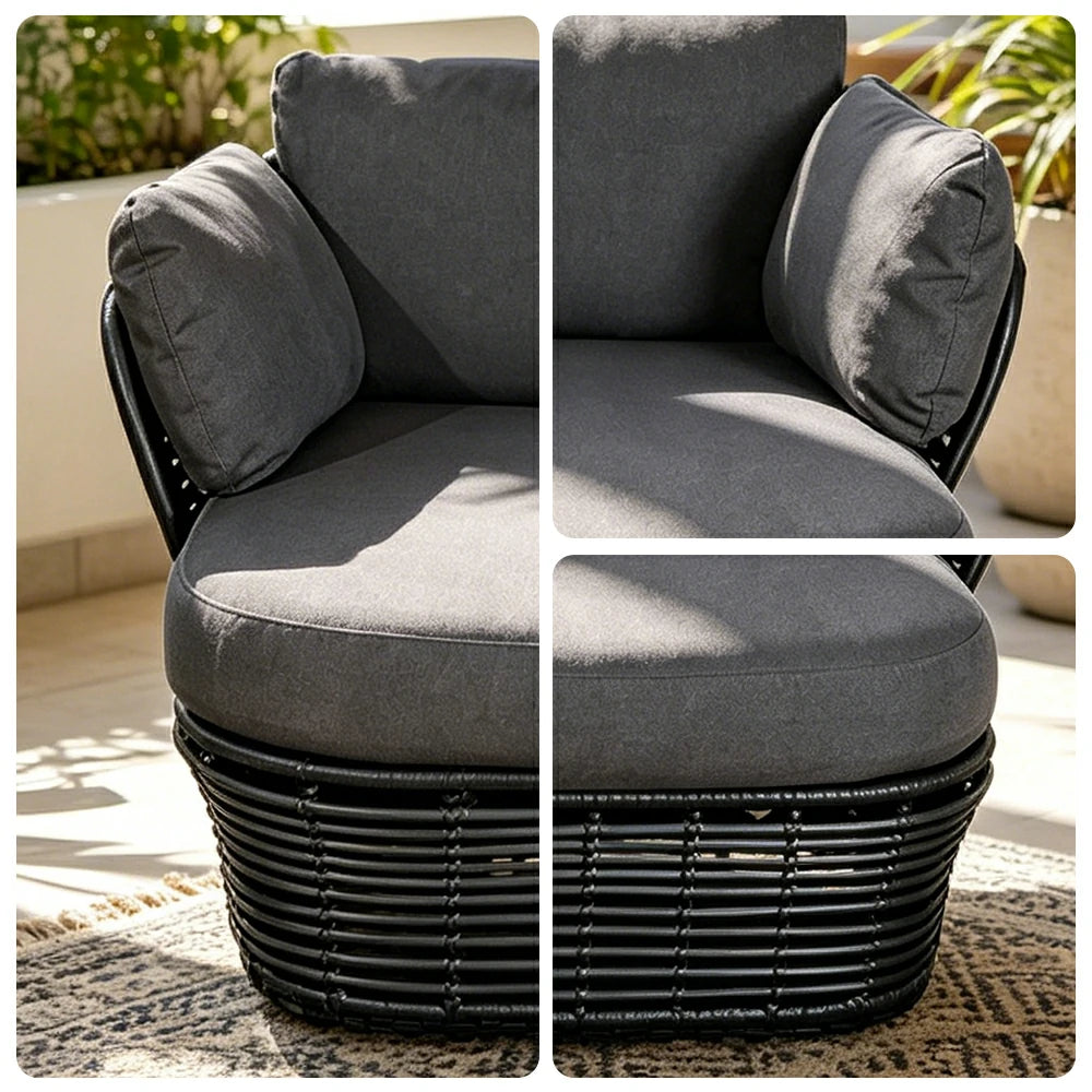 SOLARA Outdoor Rattan Single Sofa - PE Wicker, Water-Resistant Fabric, High-Density Foam - Black