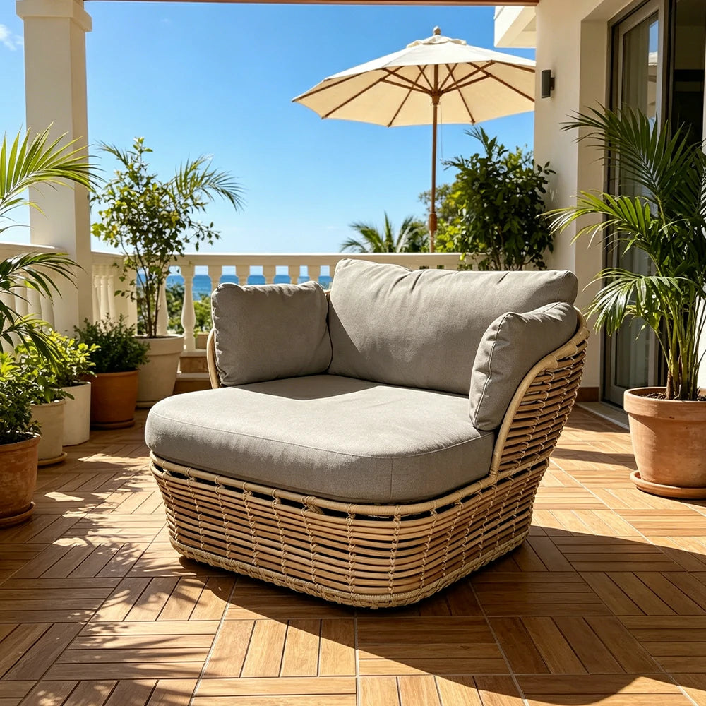 SOLARA Outdoor Rattan Single Sofa - PE Wicker, Water-Resistant Fabric, High-Density Foam - Yellow