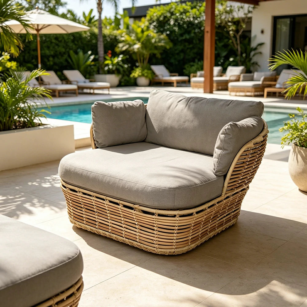 SOLARA Outdoor Rattan Single Sofa - PE Wicker, Water-Resistant Fabric, High-Density Foam - Yellow