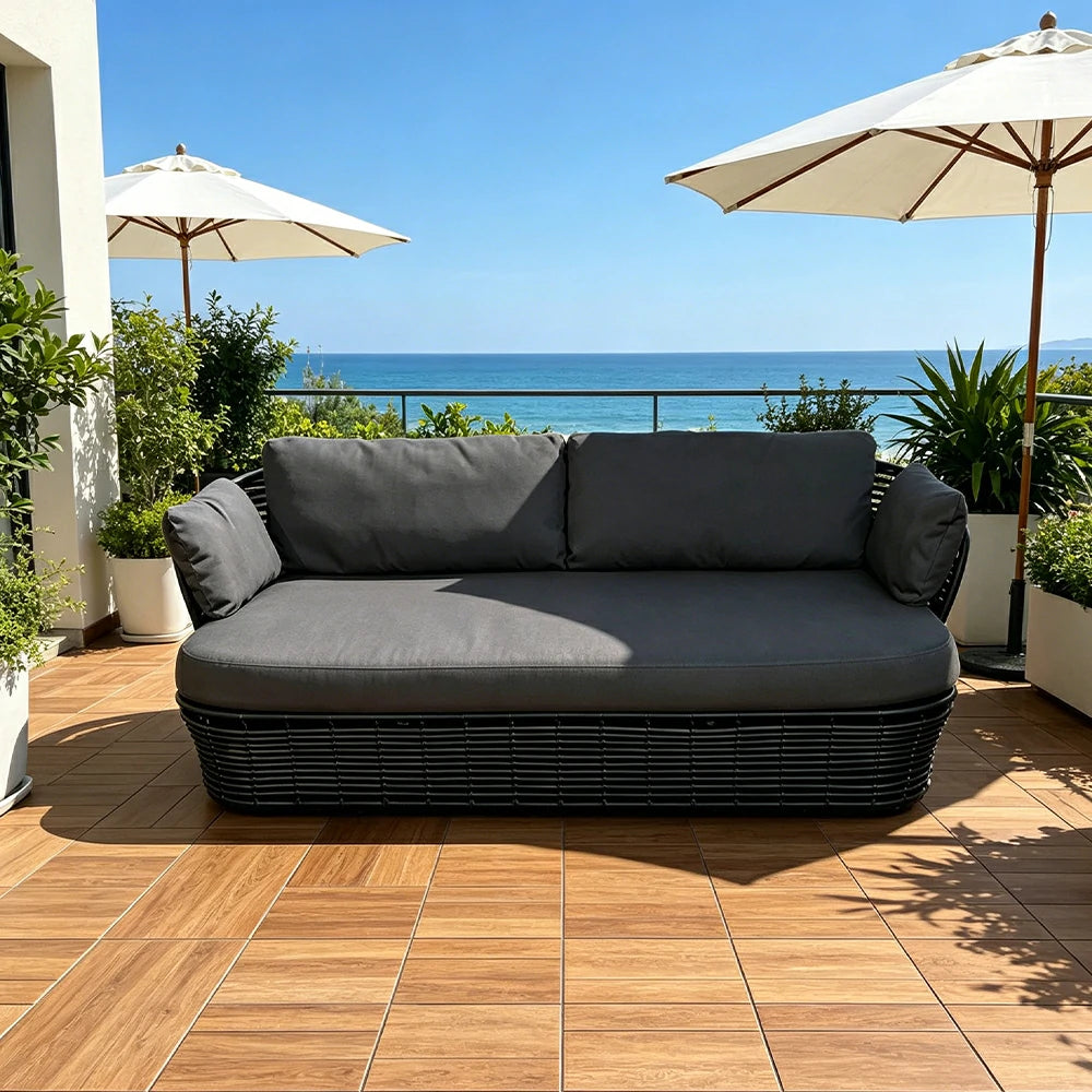 SOLARA Outdoor Rattan 2-Seater Sofa - PE Wicker, Water-Resistant Fabric, High-Density Foam - Black
