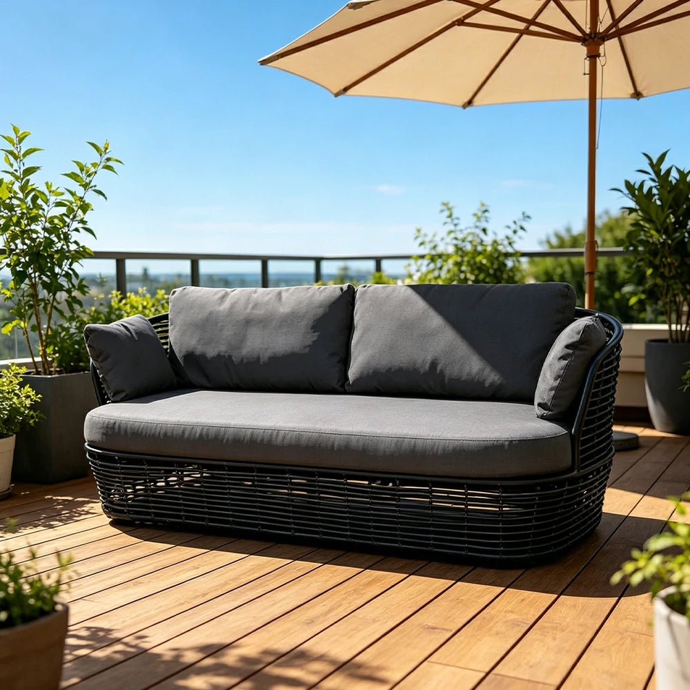 SOLARA Outdoor Rattan 2-Seater Sofa - PE Wicker, Water-Resistant Fabric, High-Density Foam - Black