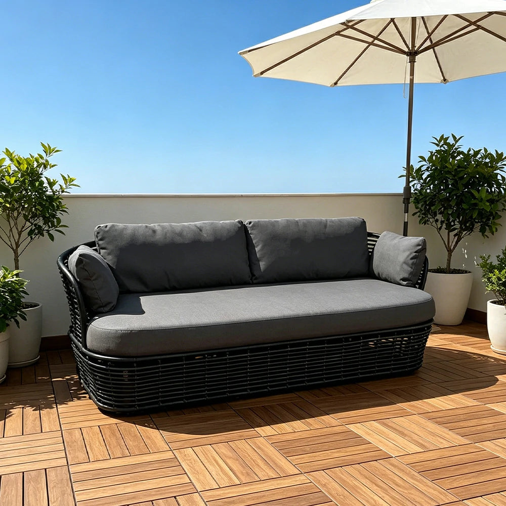 SOLARA Outdoor Rattan 2-Seater Sofa - PE Wicker, Water-Resistant Fabric, High-Density Foam - Black