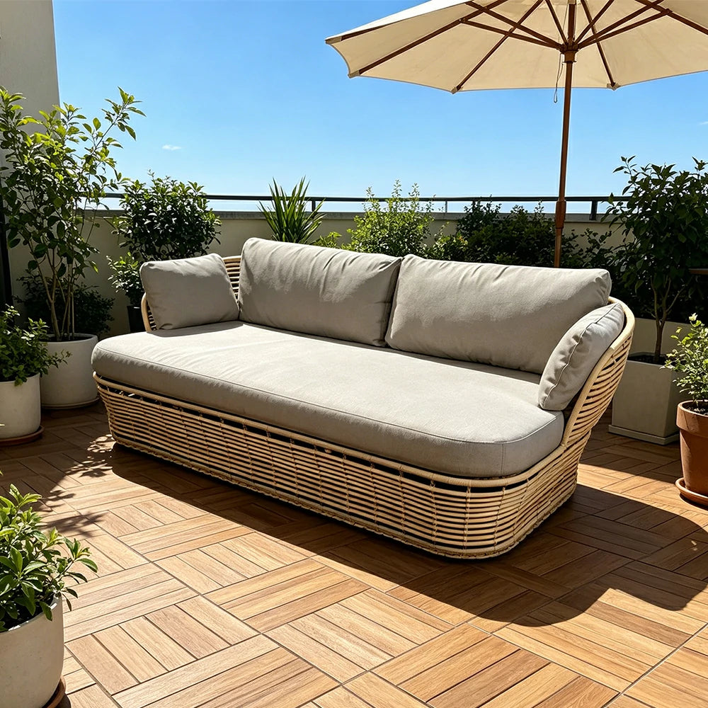 SOLARA Outdoor Rattan 2-Seater Sofa - PE Wicker, Water-Resistant Fabric, High-Density Foam - Yellow