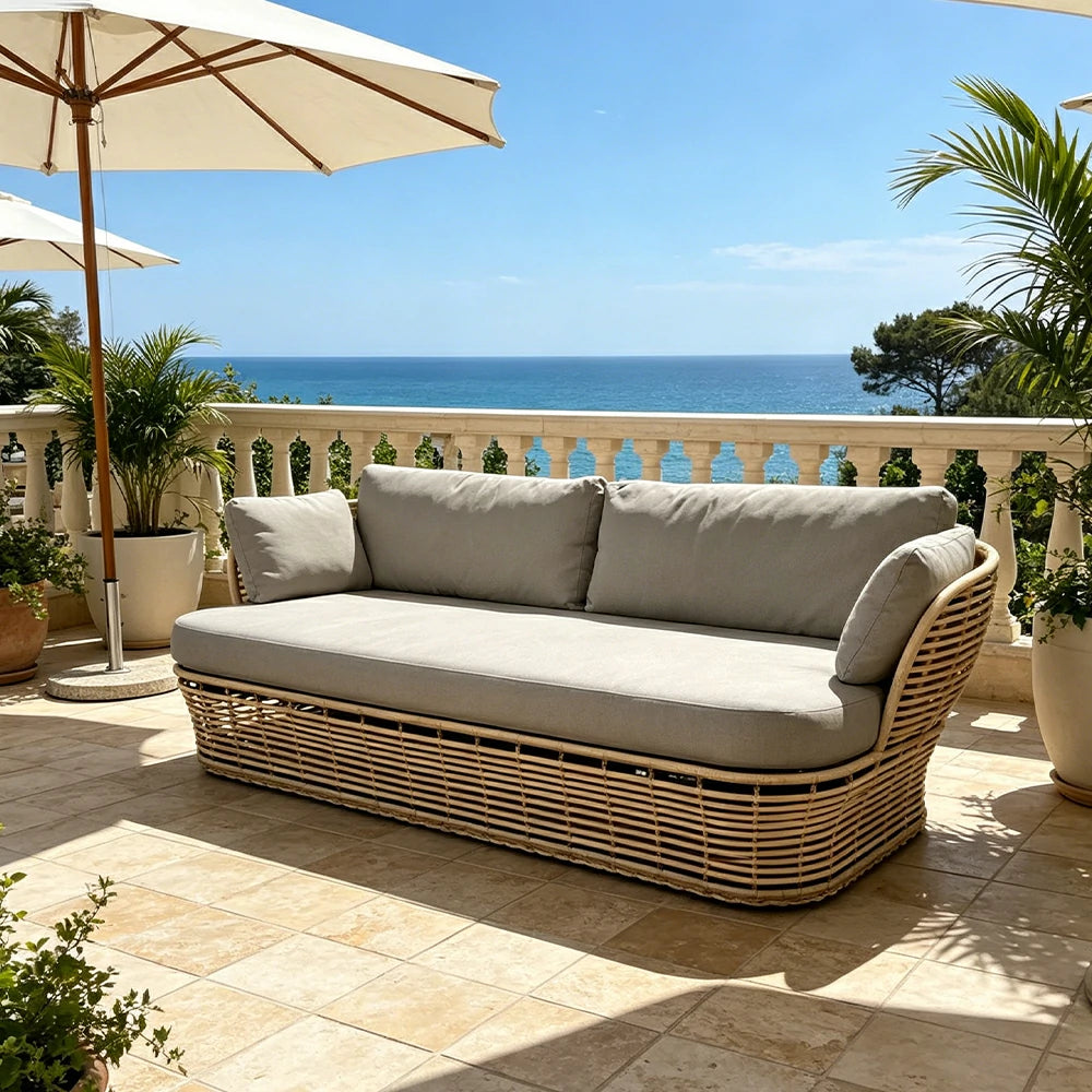 SOLARA Outdoor Rattan 2-Seater Sofa - PE Wicker, Water-Resistant Fabric, High-Density Foam - Yellow