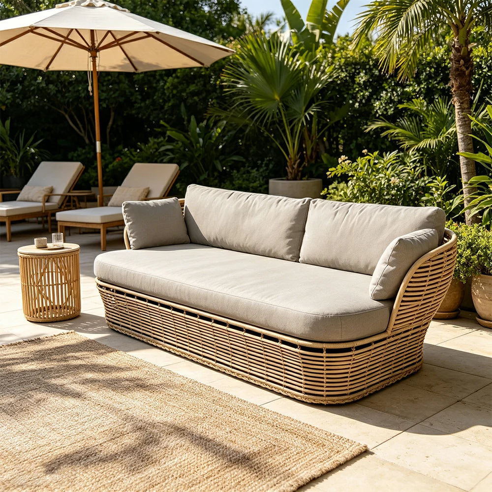 SOLARA Outdoor Rattan 2-Seater Sofa - PE Wicker, Water-Resistant Fabric, High-Density Foam - Yellow