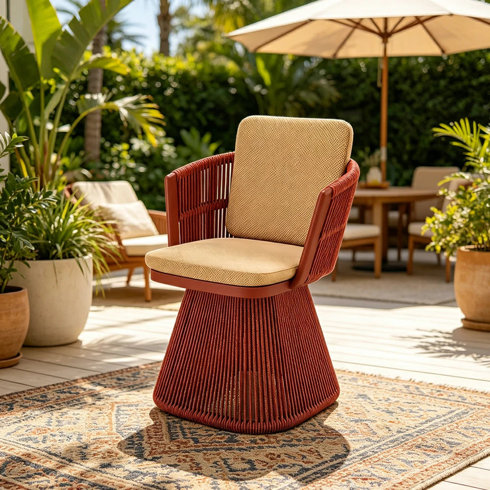 SOLARA Outdoor Swivel Rattan Dining Chair - PE Wicker, Waterproof Fabric, High-Density Foam - Red